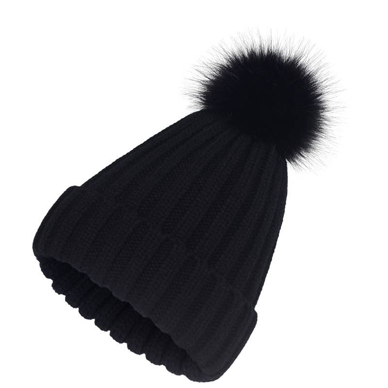 ACCITY FLUFFY BALL SIMPLE BASIC KNIT BEANIE_CWAH331: Black / (OS) 1